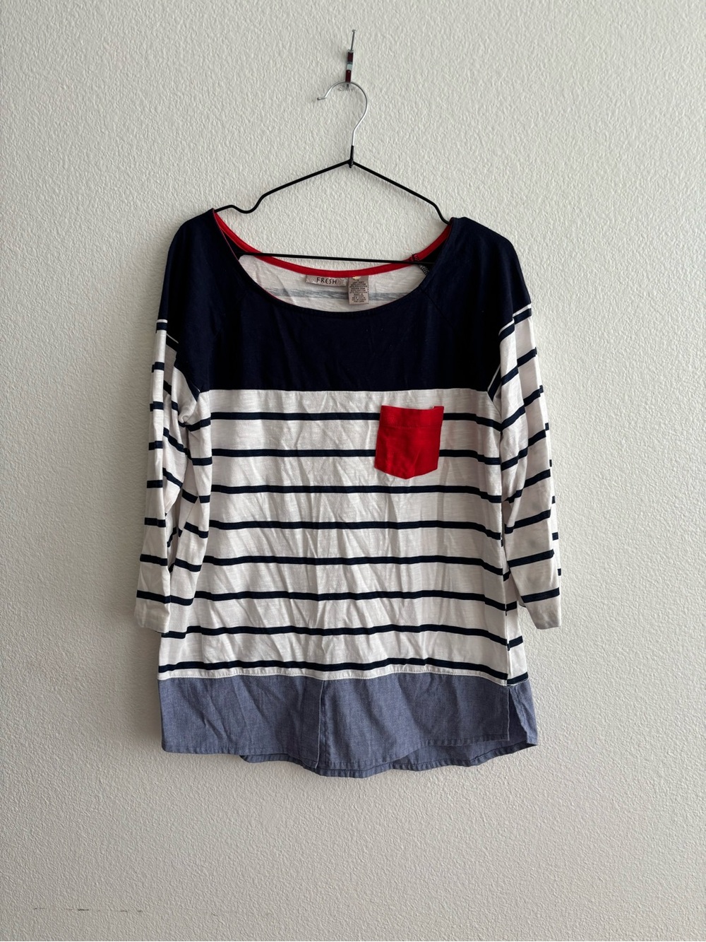 Striped Navy & White Long Sleeve Tee with Red Pocket